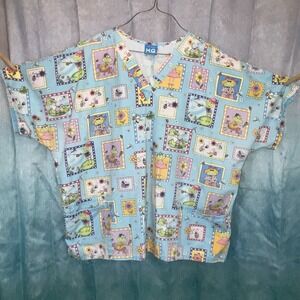 Scrub HQ Uniform Top Blue Spring Frogs Flowers Worms Plus 2x/3x scrubs